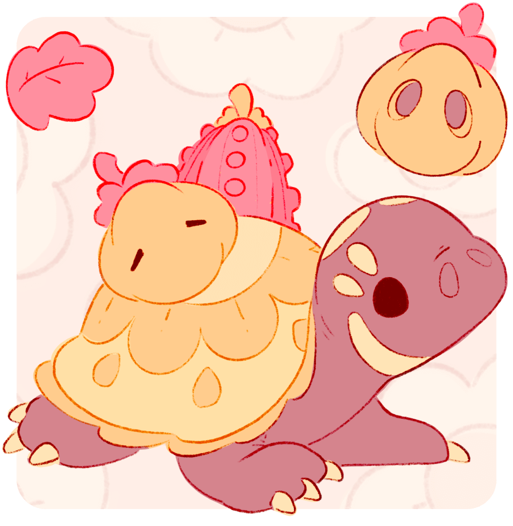 Category IMG - Pumpkin Kobii 1(1) A cute pumpkin turtle illustration by Evy Benita featuring her original character, Kobii the style-shirting sea turtle