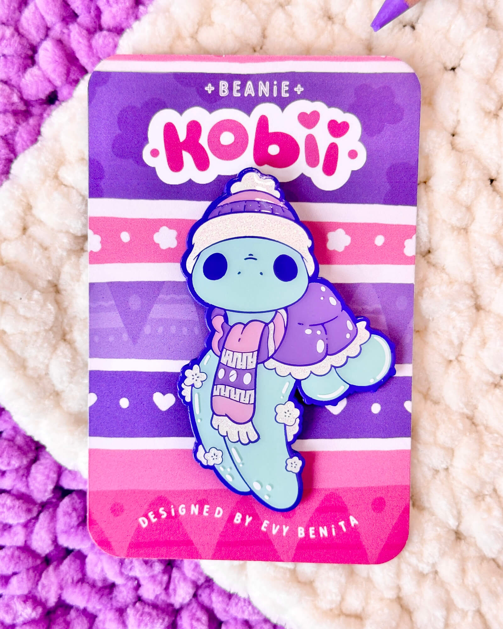 Cute Kobii the Sea Turtle Beanie Edition Pin Badge - Designed by Evy Benita - All Rights Reserved (5) - Evy Benita