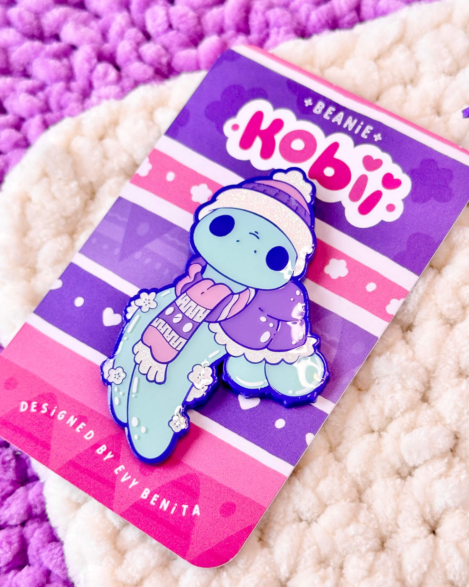 Cute Kobii the Sea Turtle Beanie Edition Pin Badge - Designed by Evy Benita - All Rights Reserved (6) - Evy Benita
