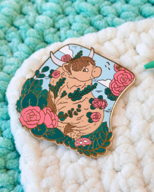 Red Rose Highland Cow Enamel Pin Badge
