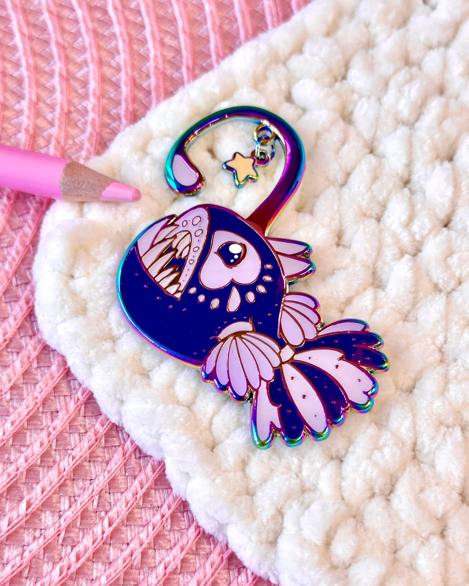 Rainbow Metal Plated Cosmic Anglerfish Enamel Pin with Dangle Charm - Designed By Evy Benita (3) - Evy Benita