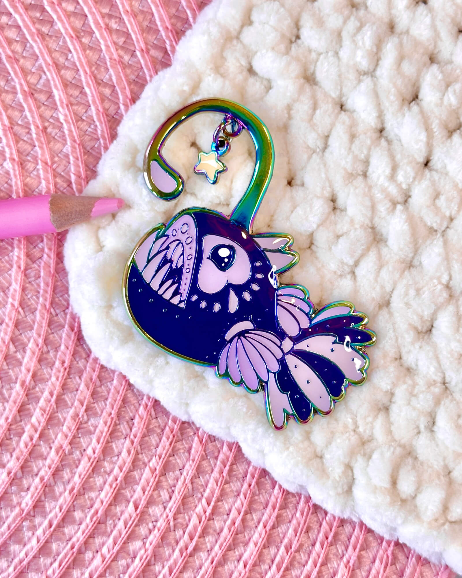 Rainbow Metal Plated Cosmic Anglerfish Enamel Pin with Dangle Charm - Designed By Evy Benita (4) - Evy Benita