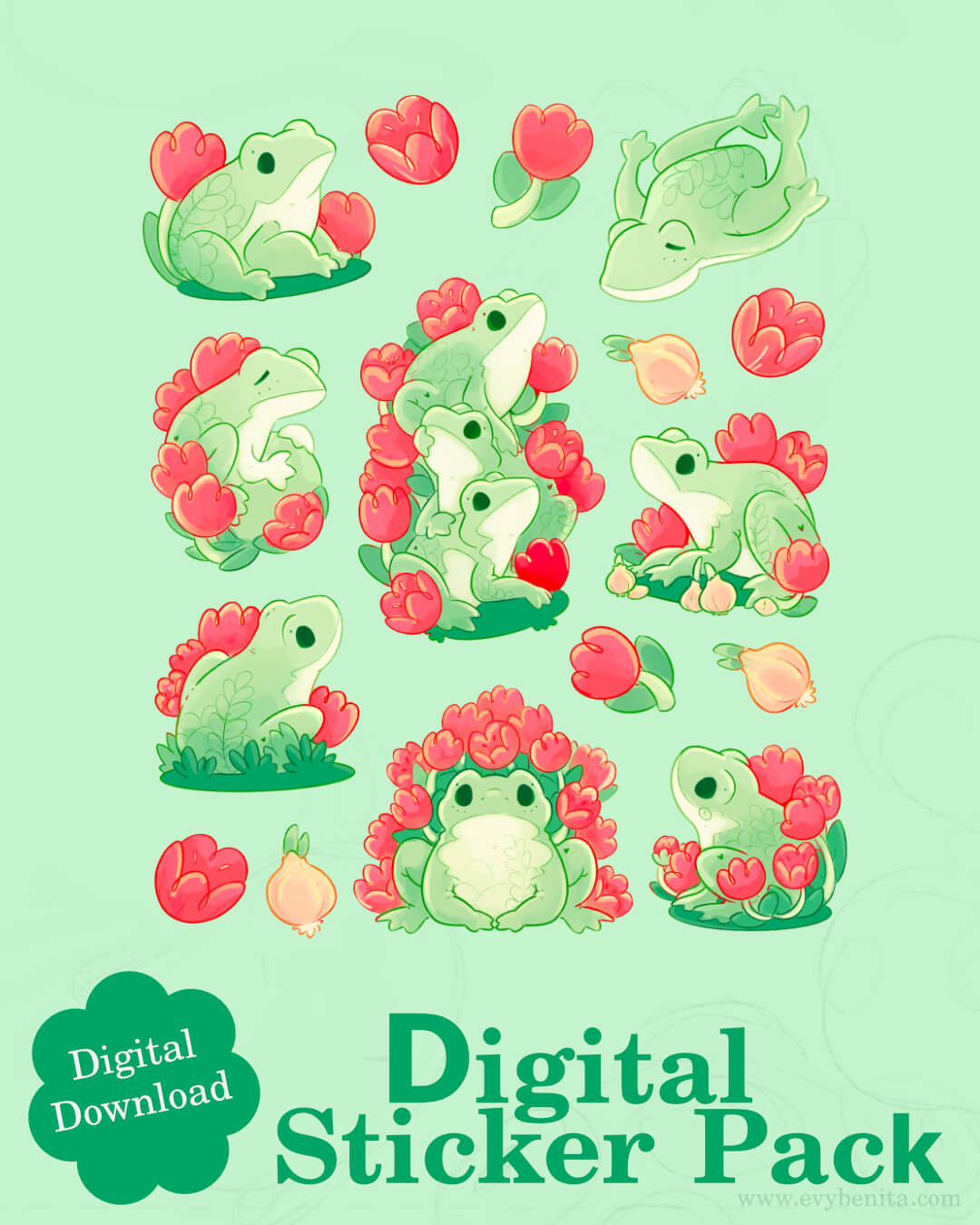 Tulip Frog Digital Sticker Pack Listing Images 1 - Evy Benita