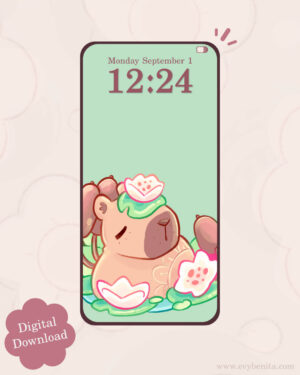 Lily Pond Capybara Digital Wallpaper