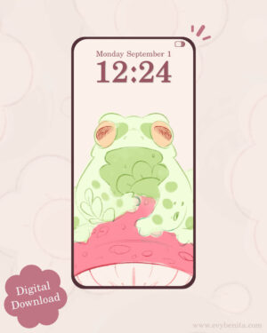 Sketchy Green Frog on Mushroom Digital Wallpaper