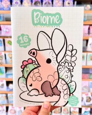 Cover of a Biome Coloring Book showing a pink cartoon pig with flowers on a grid background.