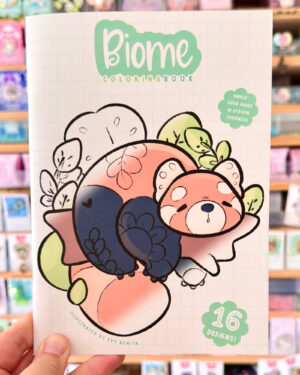 Biome coloring book cover with cute cartoon animals and teal 'Biome' logo on grid background; badge notes 16 designs.