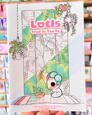 Colorful children's coloring-book cover with a window-panel design, lush green plants, and a cute character at the bottom; text reads 'Grow as You Go' and a pink logo above.