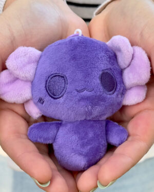 Person holding a small purple plush stuffed animal with a white loop on top, viewed up close with hands cradling it