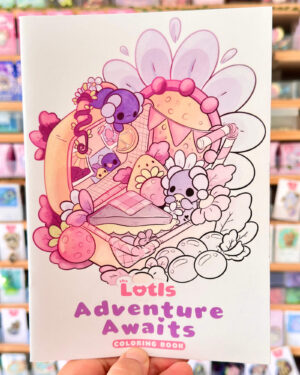 Close-up of a pastel-colored coloring book cover showing cake and flowers, titled 'The Lotis Adventure Awaits'.