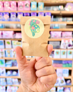 Tiny Miniature Mystery Grap Bags 2 - Evy Benita Close-up of a hand holding a brown paper bag with a round sticker showing a colorful seahorse design, blurred store shelves in the background.