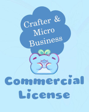 Logo-style illustration advertising a commercial license for craft and micro businesses; features a blue bunny and text 'Crafter & Micro Business' in a cloud-shaped banner with 'Commercial License' below on a light blue background.