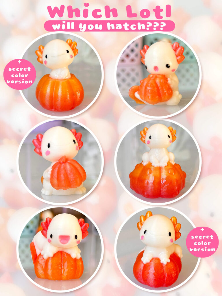 Collage of small cream dinosaur figurines perched on orange pumpkins, each inside a circular frame with a pink, bubbly header text'Which Lol! will you hatch?'